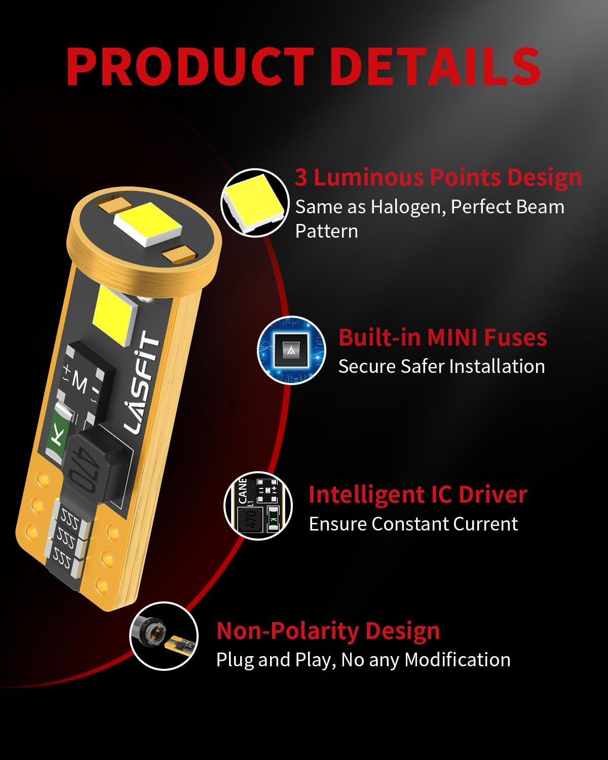 LASFIT T10 168 LED Interior Bulbs, Simple 1:1 Halogen Swap with No Dashboard Errors