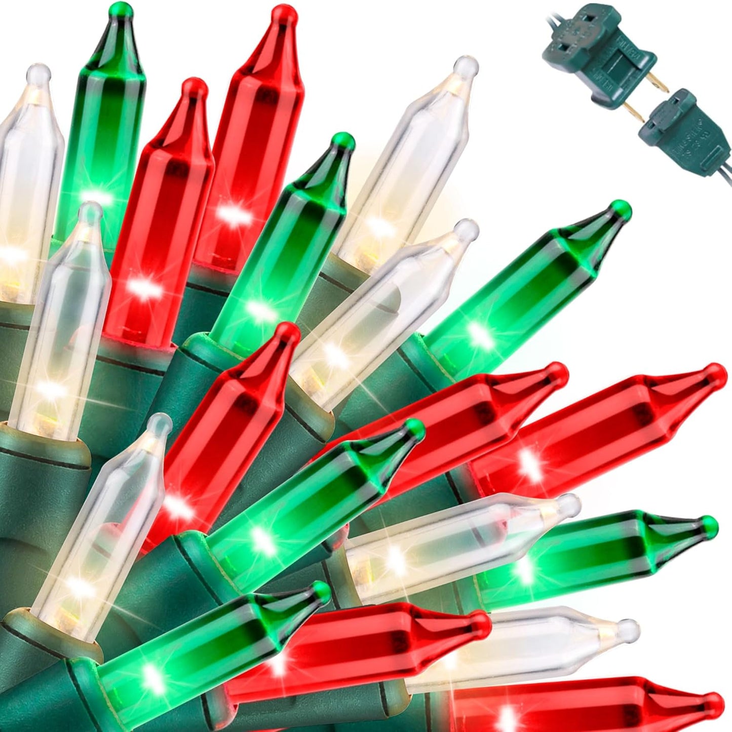 100 incandescent mini bulbs spaced 2.5 inches apart on 19.6 ft of green wire