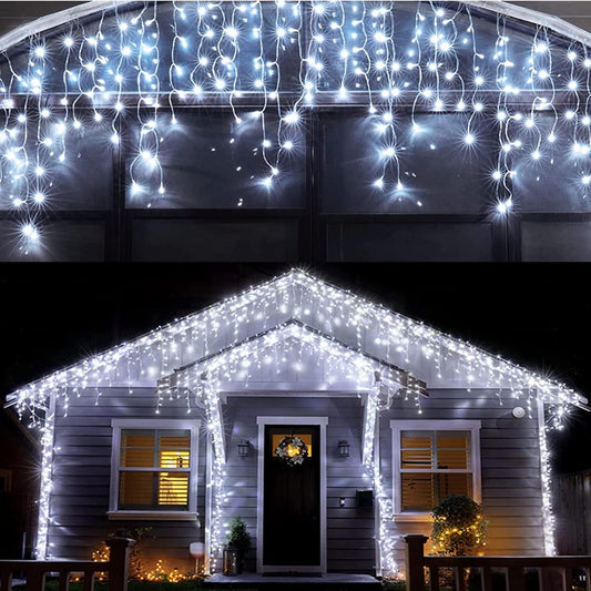 400 leds across 32ft with 75 hanging drops for a dense icicle/curtain effect