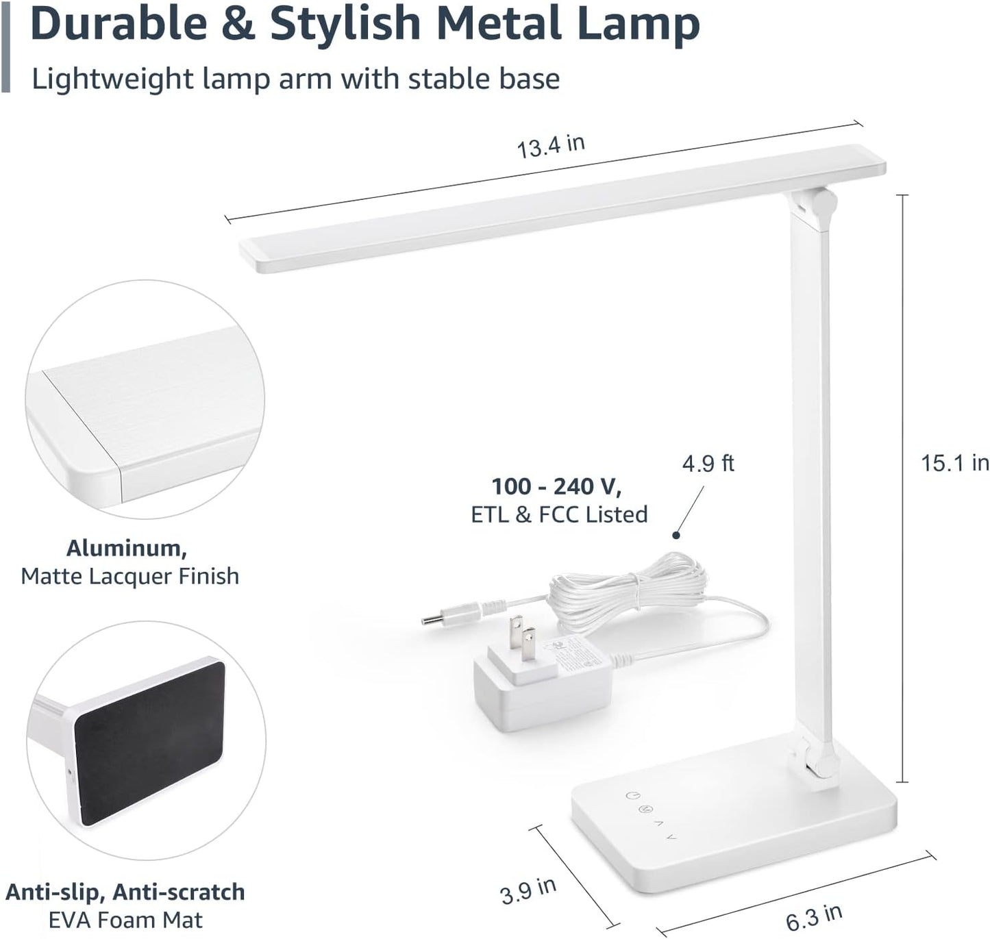 aluminum and metal matte white construction, 15.1 inches tall, 1.9 lbs, in white or black finishes