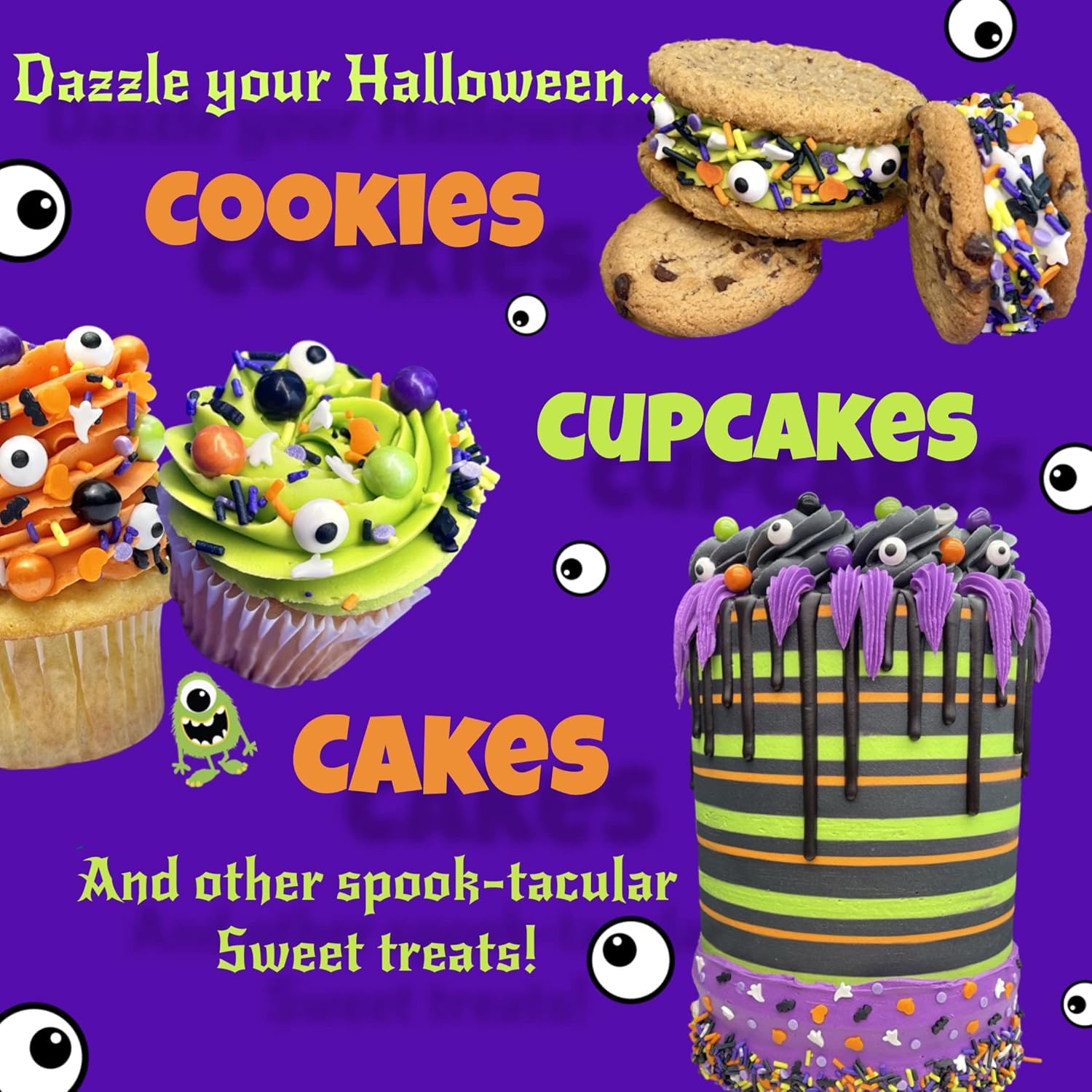 edible themed decorations compatible with cakes, cupcakes, cookies, ice cream, and caramel apples