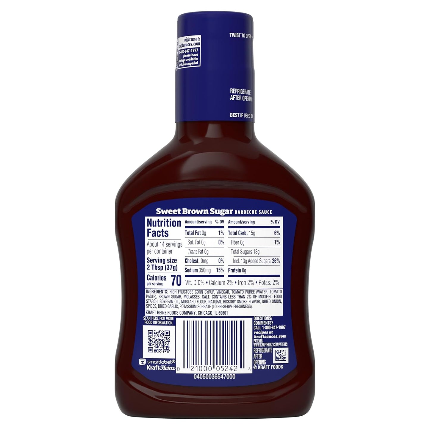 Kraft Sweet Brown Sugar Slow-Simmered Barbecue Sauce, 18 oz All-in-One Sauce for Simplifying the Condiment Shelf
