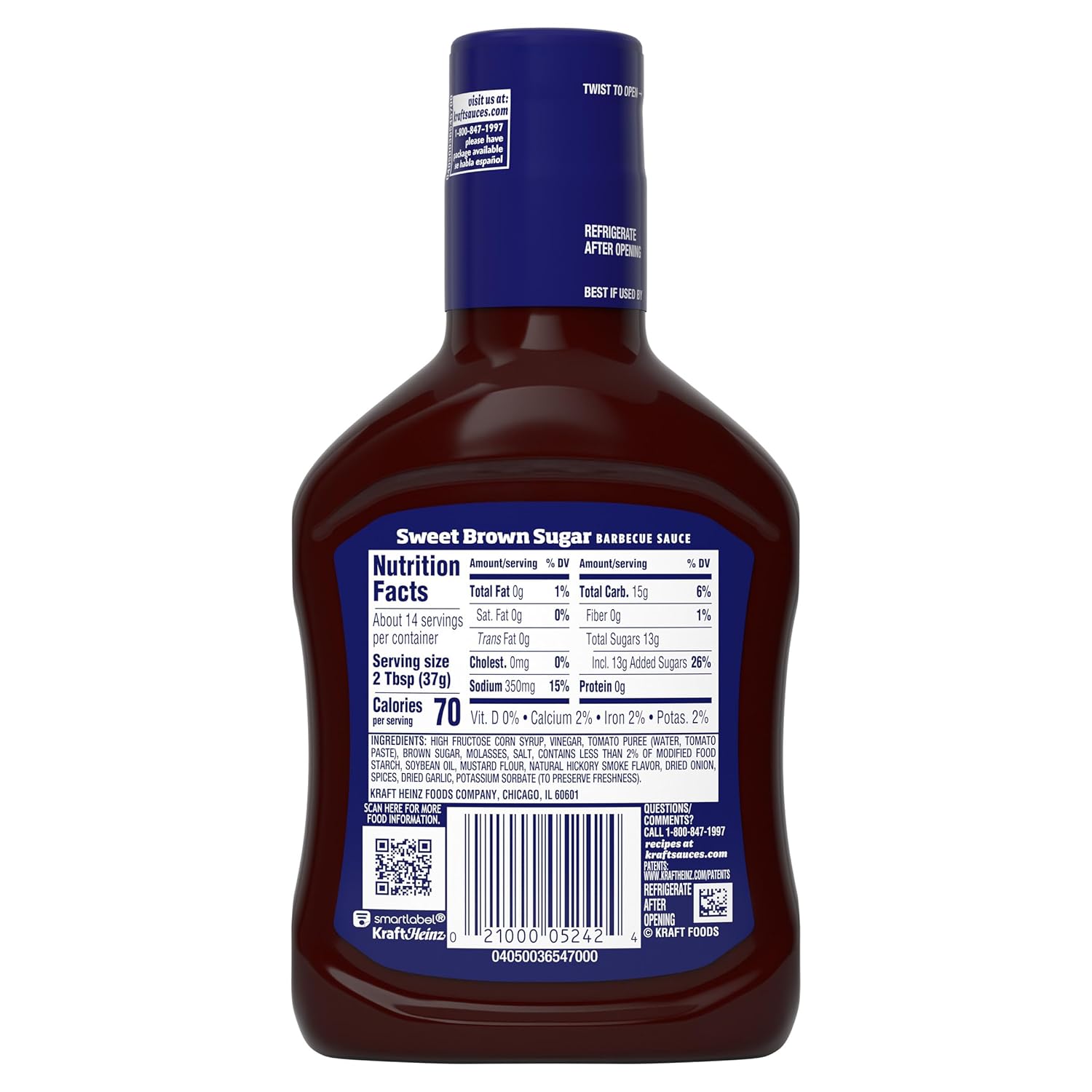 Kraft Sweet Brown Sugar Slow-Simmered Barbecue Sauce, 18 oz All-in-One Sauce for Simplifying the Condiment Shelf