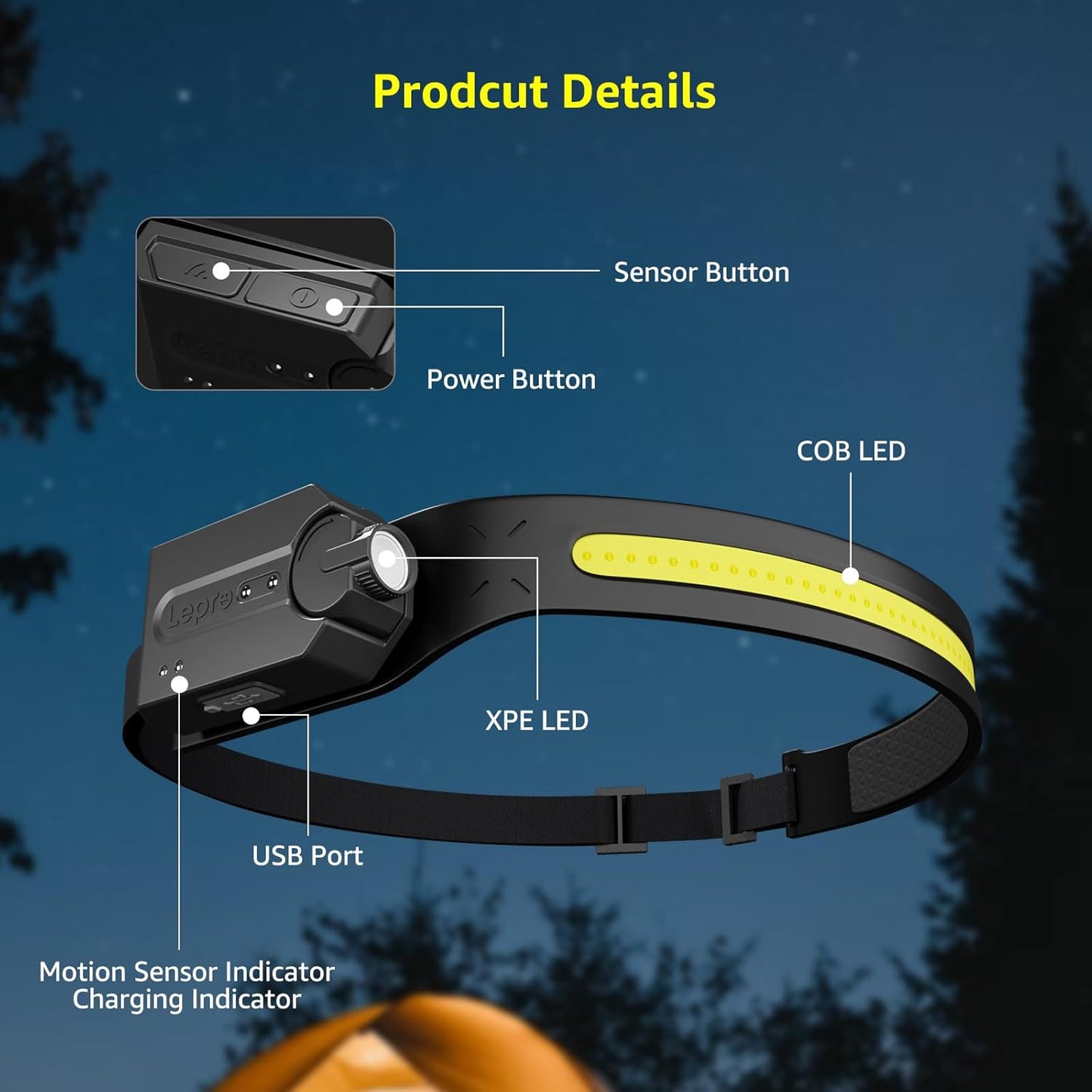 Lepro Practical Stocking Stuffer Head Lamp for Campers, Runners and Dog Walkers – Lightweight 3.87 oz