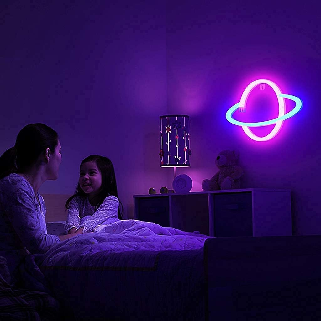 Lumoonosity Planet Neon Light - Understated Saturn Shaped Wall Decor for Minimalist Bedroom, Diffused LED Glow with Adhesive Mount, USB Powered 5V