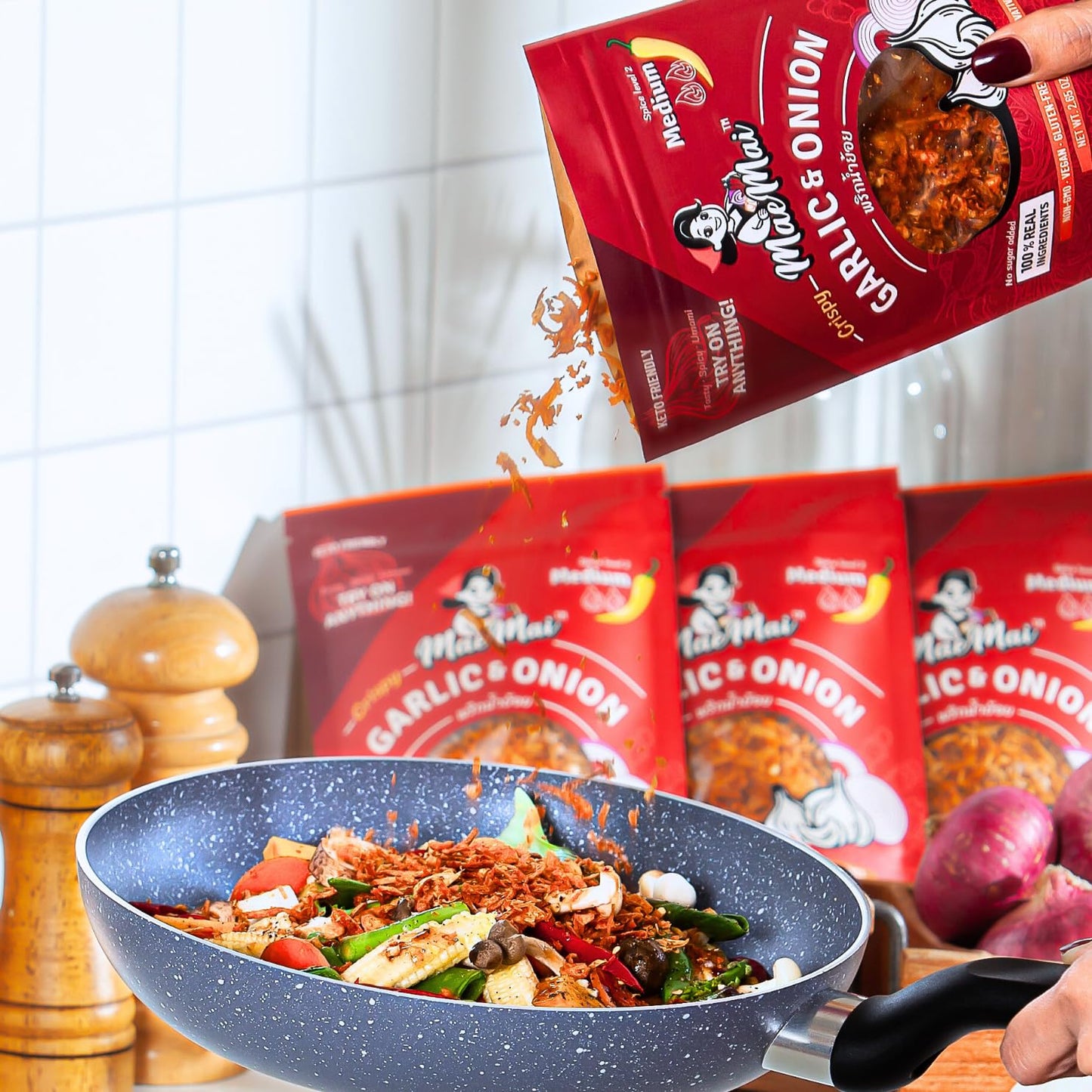 MaeMai Medium Spice Dry Chili Crunch Seasoning - No-Refrigeration Thai Flavor for Backpacking, Road Trips, and Outdoor Cookouts
