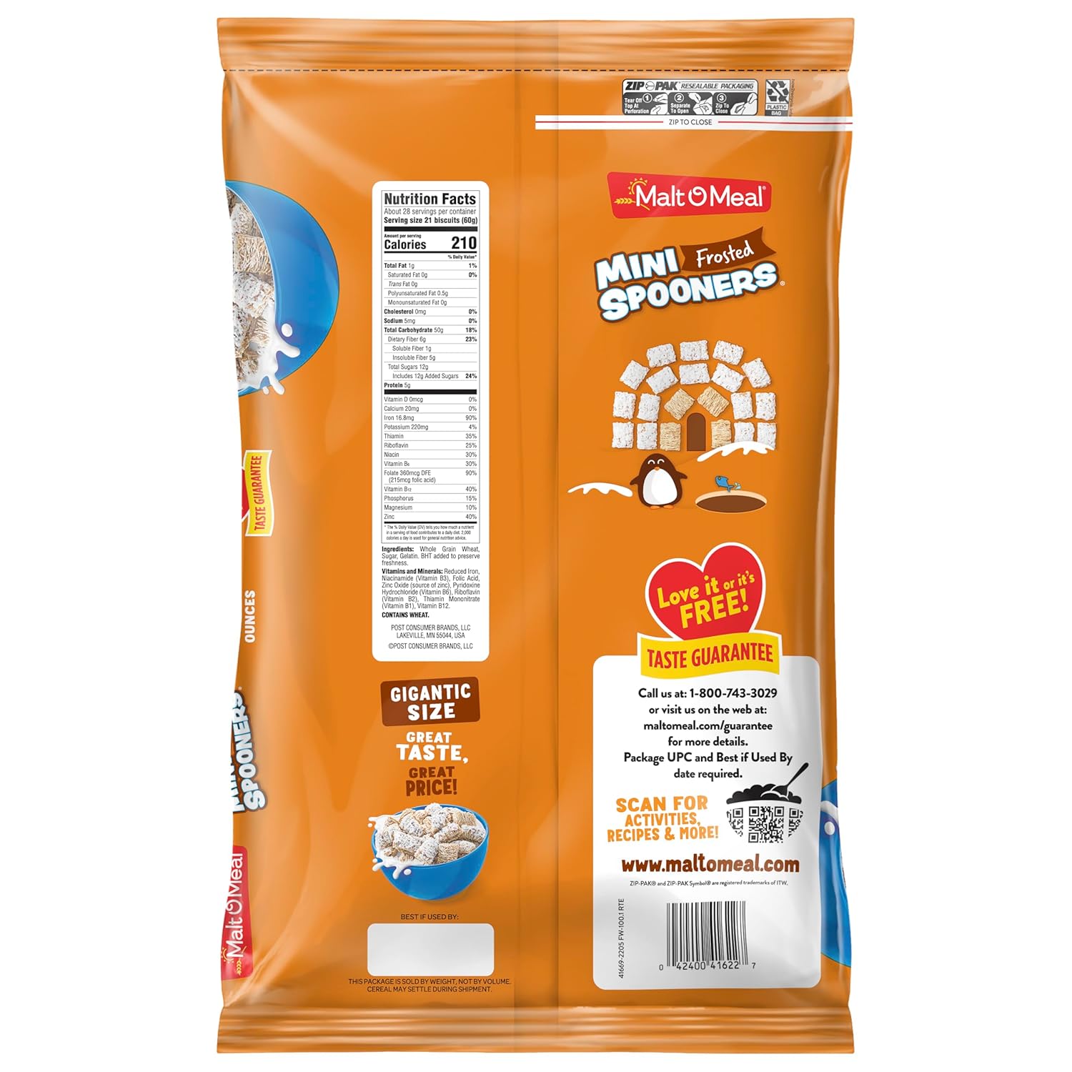 Malt-O-Meal Frosted Mini Spooners Shredded Wheat Cereal, 60 oz Lightweight Pouch – Pack-and-Pour Cereal for Picnics, Tailgates, and Park Mornings