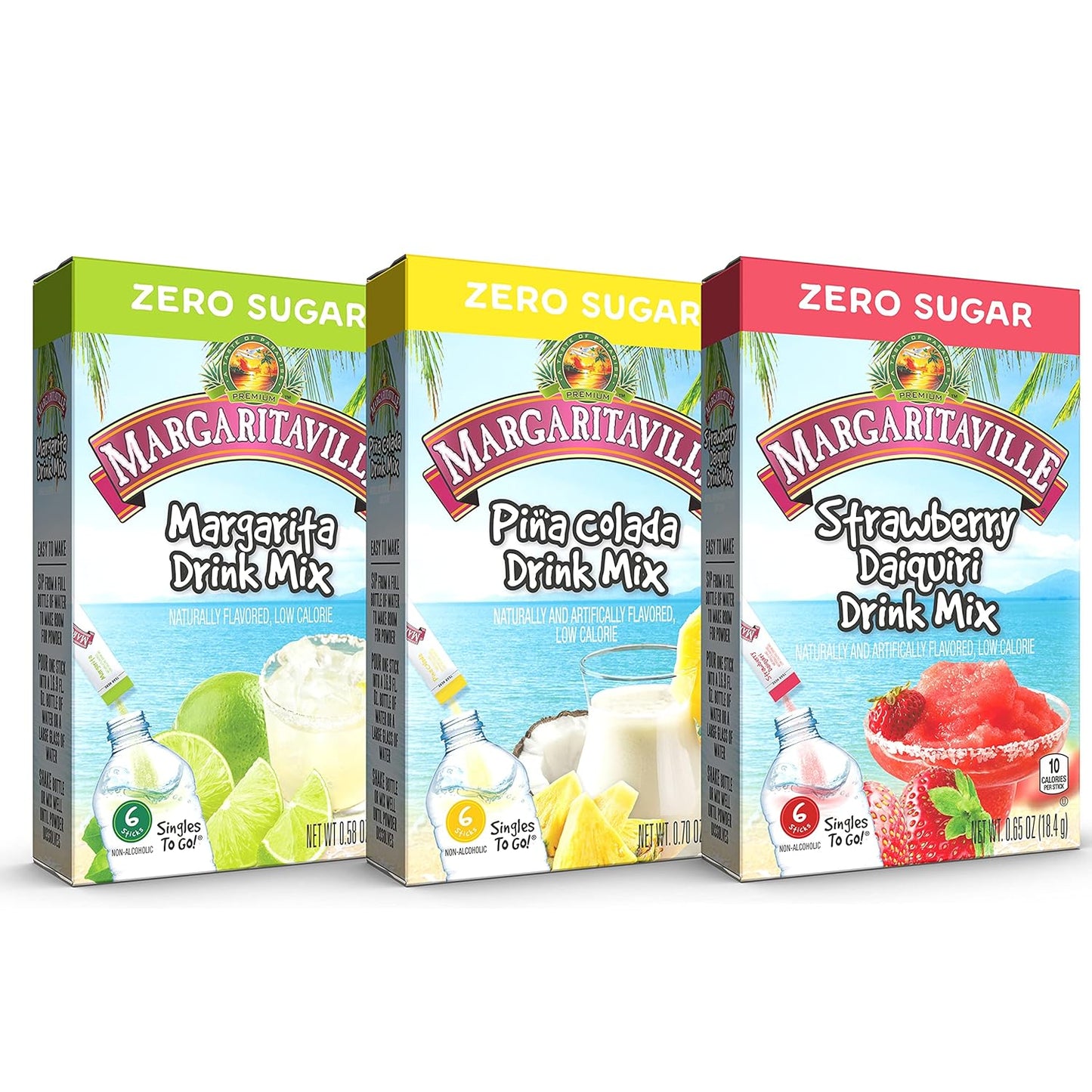 three tropical flavors included: strawberry daiquiri, piña colada, and classic margarita